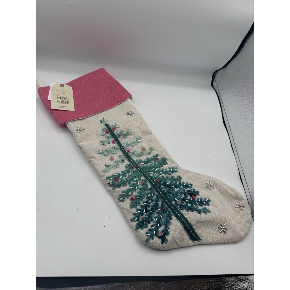 Christmas‎ Stocking Beige Pink Christmas Tree Embroidery Girly NWT 22" Beaded